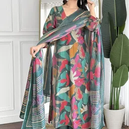 DIVASTRI Floral Printed V-Neck Straight Kurta With Palazzos & With Dupatta image 2