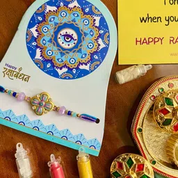 SUBHAGALANKAR Beaded Thread Rakhi With Pooja Thali Roli Chawal Chandan Mishri & Card image 2