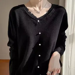 StyleCast Women V-Neck Fringed Cotton Pullover Sweater-image-0