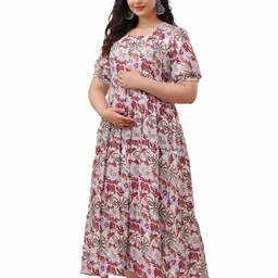 devek DEVEKWomen Floral Printed Puff Sleeve Tiered Maternity Fit & Flare Maxi Dress image 3