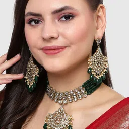 KARATCART Gold-Plated Green & White Kundan Studded & Beaded Handcrafted Jewellery Set-picture-30