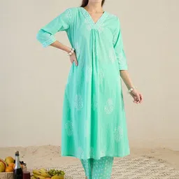 Indo Era Women Ethnic Motifs Printed Regular Pure Cotton Kurta with Trousers & With Dupatta image 5