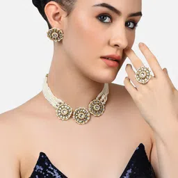 Zaveri Pearls Gold-Plated White & Cream-Coloured Kundan-Studded Beaded Layered Jewellery Set-image-83