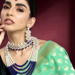 Peora Cream-Coloured & Navy Blue Gold-Plated Jadau Kundan Studded & Beaded Jewellery Set-picture-19