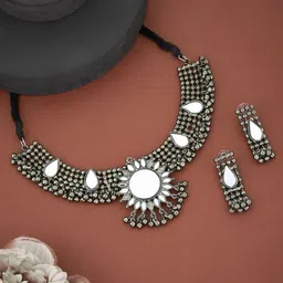 ATIBELLE German Silver Plated & Floral Shaped Mirror Stone Studded jewellery set-picture-33