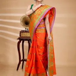 PuJoy Floral Zari Pure Cotton Taant Saree image 1