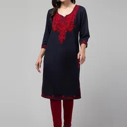 TRENDY ERA Floral Yoke Design Notch Neck Chikankari Woollen Straight Kurta-image-6