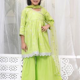 Little Bansi Girls Ethnic Motifs Embroidered Angrakha Gotta Patti Pure Cotton Kurta with Sharara & With-picture-8