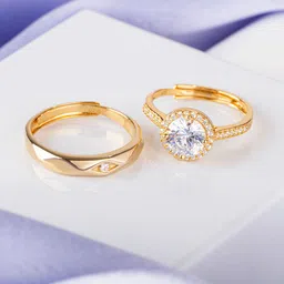 Zavya Unisex Set Of 2 92.5 Sterling Silver Gold-Plated & CZ-Studded Couple Ring-picture-16