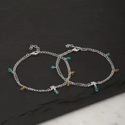 Carlton London Set of 2 Silver-Toned & Blue Rhodium-Plated Beaded Layered Anklets-picture-11