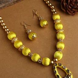 AKSHARA Women Yellow Stone-Studded Wooden Balls Silk Thread Jewelry Set-picture-12