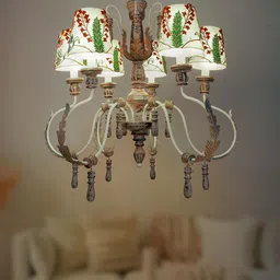 Fos Lighting Green & White Parisian Distressed Grey 6 Light Wooden Chandelier with Dainty Embroidered Shades-picture-21