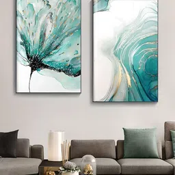 THE HANDMADE FLAIR Blue 2 Pieces Crystal Porcelain Abstract Floral Marble Wall Art-image-50