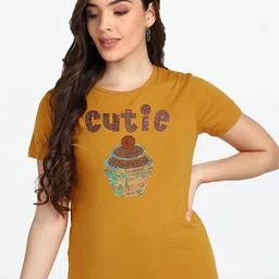 shashvi Women Mustard Yellow Typography Printed T-shirt-image-65