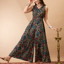 Globus Tribal Print Wrap V-Neck Flared Wide Leg Fusion Jumpsuit with Belt-picture-17