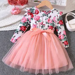 YK Girls Floral Printed Round Neck Long Sleeves Belted Fit & Flare Dress-image-66