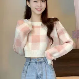 StyleCast Women Trendy Winterwear Checked Crop Pullover Sweater-image-41