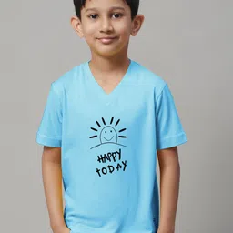 Friskers Boys Turquoise Blue Typography Printed V-Neck Raw Edge T-shirt-picture-17