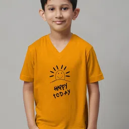Friskers Boys Mustard Yellow Typography Printed V-Neck Raw Edge T-shirt-picture-14