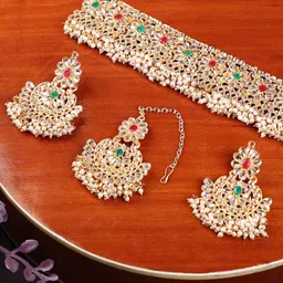 ANIKAS CREATION Gold-Plated & White Stone-Studded & Beaded Traditional Jewellery Set-picture-40