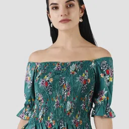 Popwings Floral Printed Off-Shoulder Bell Sleeves Smocking Detail Bardot Crop Top-picture-26