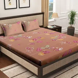 KLOTTHE Brown & Pink Floral Cotton 400 TC King Fitted Bedsheet With 2 Pillow Covers-image-65