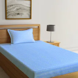 KLOTTHE Blue Printed 300 TC Fitted Single Bedsheet With 1 Pillow Cover-image-39
