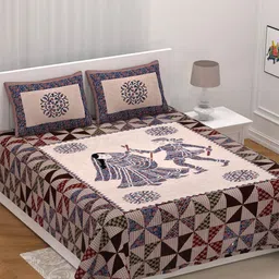 LIVING ROOTS Cream-Coloured Ethnic Pure Cotton 300 TC King Bedsheet & 2 Pillow Covers-picture-11