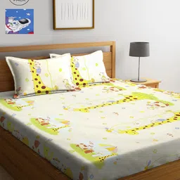KLOTTHE Cream-Coloured & Yellow Graphic 210 TC Cotton 2 King Bedsheet with 4 Pillow Covers-image-8