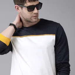 The Roadster Lifestyle Co Men Navy BlueWhite Colourblocked Pure Cotton T-shirt-image-3