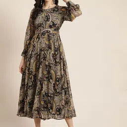 Juniper Black & Beige Chiffon Fit & Flare Dress image 1