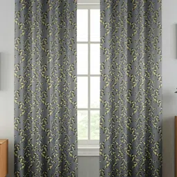Florida Charcoal & Gold Toned 2 Pieces Floral Printed Velvet Black Out Long Door Curtain-image-45