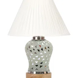 Devansh Off White Textured Traditional Frusturical Shaped Wooden Table Lamp & Mosaic Glass image 4