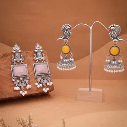 Anouk Set Of 2 Silver-Plated Artificial Stones and Beaded Contemporary Drop Earrings-image-92