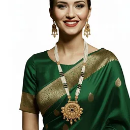 SOLLIGHT Gold-Plated Emerald-Studded & Pearls Beaded Necklace With Earrings image 3