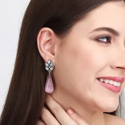 Anvik Silver-Plated American Diamond Studded Teardrop Shaped Drop Earrings image 3