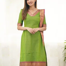 Vastukala Women Ethnic Motifs Printed Festive Cotton Straight Kurta With Dupatta-picture-22