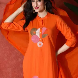 Sangria Embroidered Pure Cotton Straight Kurta & Trousers With Dupatta image 4