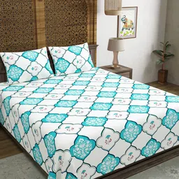 Sangria White & Turquoise Blue Printed 210 TC Double Bedsheet & 2 Pillow Cover-2.74x 2.28m-picture-19