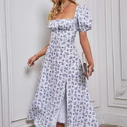 Mast & Harbour Floral Printed Puff Sleeves A-Line Midi Dress-picture-10