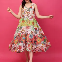 RANGRIWAZ Women Cotton Multi-Colored Floral Sleeveless Tiered Dress-picture-16