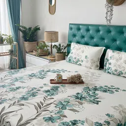 URBAN SPACE Serene Blue & White 200 TC Fitted Cotton King Bedsheet & 2 Pillow Covers-image-61
