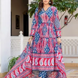 SRF JAIPUR Women Printed Pure Cotton Kurta with Harem Pants & With Dupatta image 5