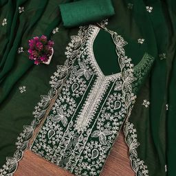 HERE&NOW Floral Embroidered Georgette Beads and Stones Unstitched Dress Material-picture-49
