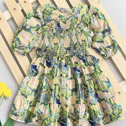 BAESD Girls Abstract Print Round Neck Smocked Puff Sleeves Tiered Cotton Fit & Flare Dress-image-31