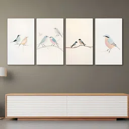 nestroots Beige & Blue 4 Pieces Serene Bird Branch Canvas Paintings Wall Art-picture-19