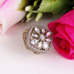 SALONI FASHION JEWELLERY Gold-Plated Stone-Studded Adjustable Finger Ring-picture-17