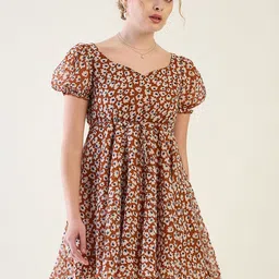 aayu Women Floral Print Sweetheart Neck Puff Sleeve Tie-Ups Fit and Flare Dress-picture-21