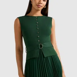 Forever New Round Neck Gathered or Pleated Casual Fit & Flare Midi Dress With Belt image 3