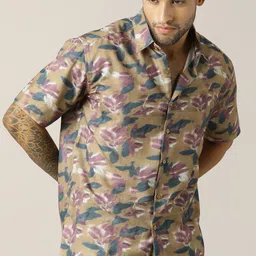 Paper Cut Men Relaxed Fit Floral Printed Spread Collar Linen Casual Shirt-picture-38
